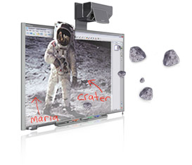 SMART Board 685ix showing image of astronaut and rocks emerging from screen