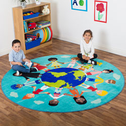 Children of the World Multi-Cultural Circular Carpet - Teal - 2m diameter