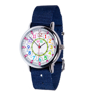 EasyRead Time Teacher Alloy Wrist Watch - Rainbow Face - 12/24 Hour - Navy Strap - ERW-COL-24-NB