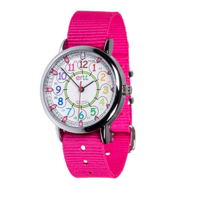 EasyRead Time Teacher Alloy Wrist Watch - Rainbow Face - 12/24 Hour - Pink Strap - ERW-COL-24-PK