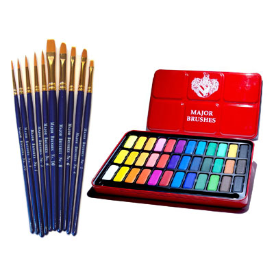 36 Block Artist Watercolour Paint Bundle with 10x Mixed Sable Brushes - MB-Z1005B591FR-10