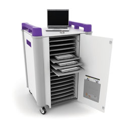 LapCabby 16 Bay Laptop Charging Trolley - with Purple Handles & Sliding Drawers (Horizontal Storage)