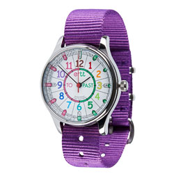 EasyRead Time Teacher Waterproof Wrist Watch - Rainbow Face - Past & To - Purple Strap