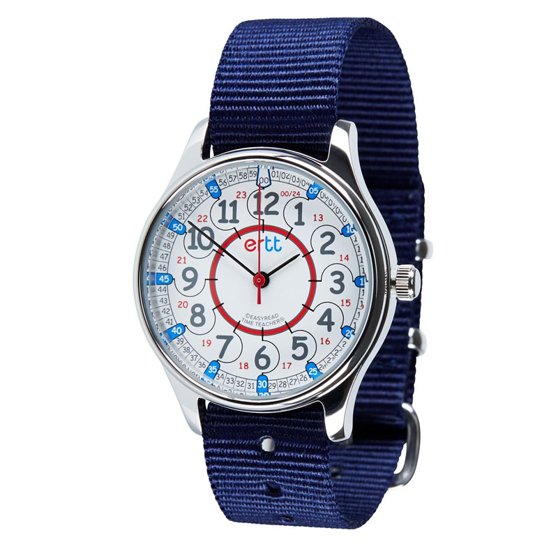 EasyRead Time Teacher Waterproof Wrist Watch - Red & Blue Face - 24 Hour - Navy Strap - WERW-RB-24-NB