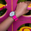 EasyRead Time Teacher Alloy Wrist Watch - Rainbow Face - Past & To - Pink Strap - ERW-COL-PT-PK