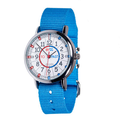 EasyRead Time Teacher Alloy Wrist Watch - Red & Blue Face - Past & To - Bright Blue Strap - ERW-RB-PT-B