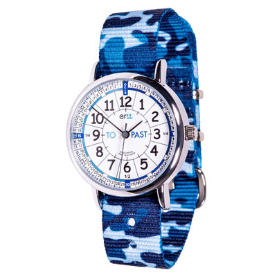 EasyRead Time Teacher Alloy Wrist Watch - White-Blue Face - Past & To - Blue Camo Strap - ERW-WB-PT-BC