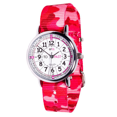 EasyRead Time Teacher Alloy Wrist Watch - White-Pink Face - Past & To - Pink Camo Strap - ERW-WP-PT-PC